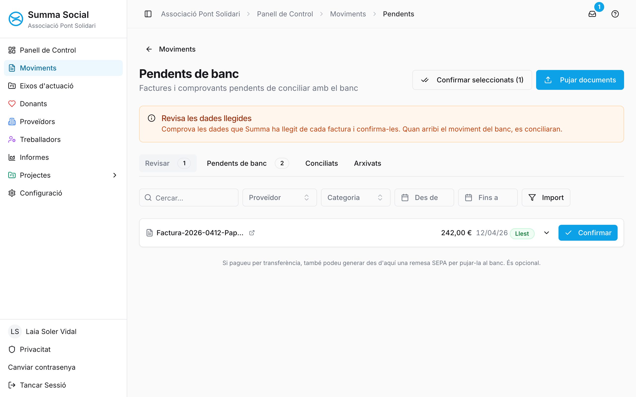 Pantalla de documents pendents de banc
