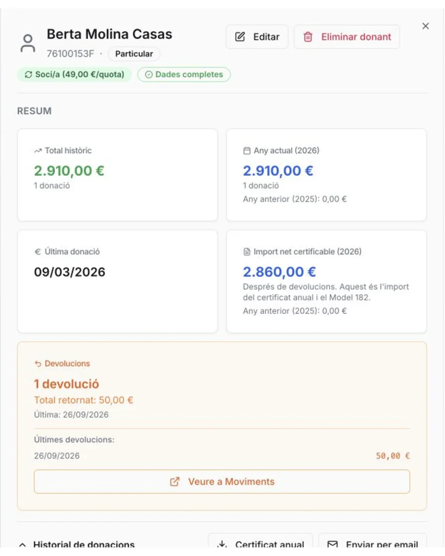Fitxa fictícia de Berta Molina: 2.910 euros d’aportacions, 50 euros retornats i 2.860 euros nets certificables.