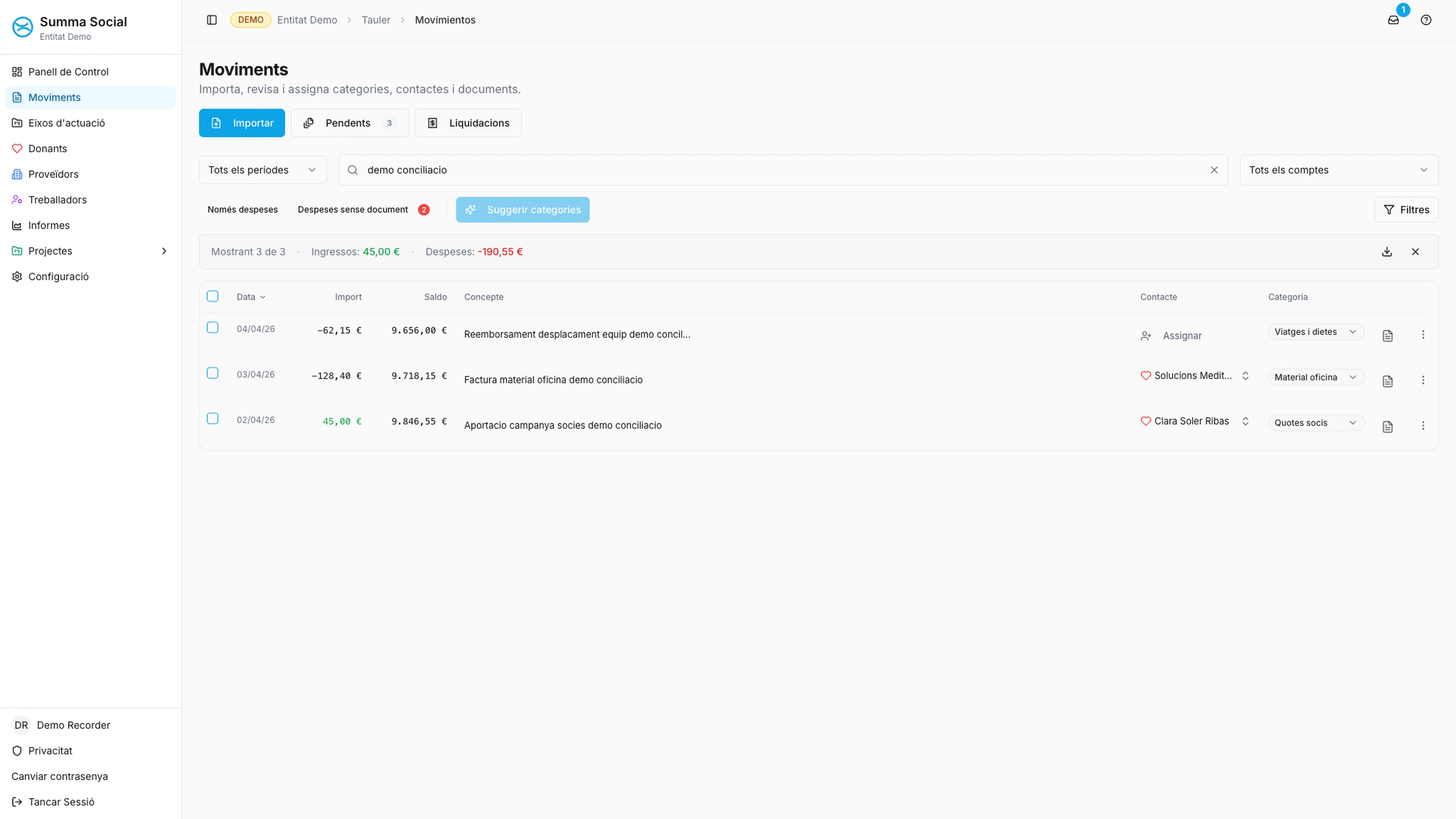 Pantalla de classificació automàtica de moviments bancaris a Summa Social