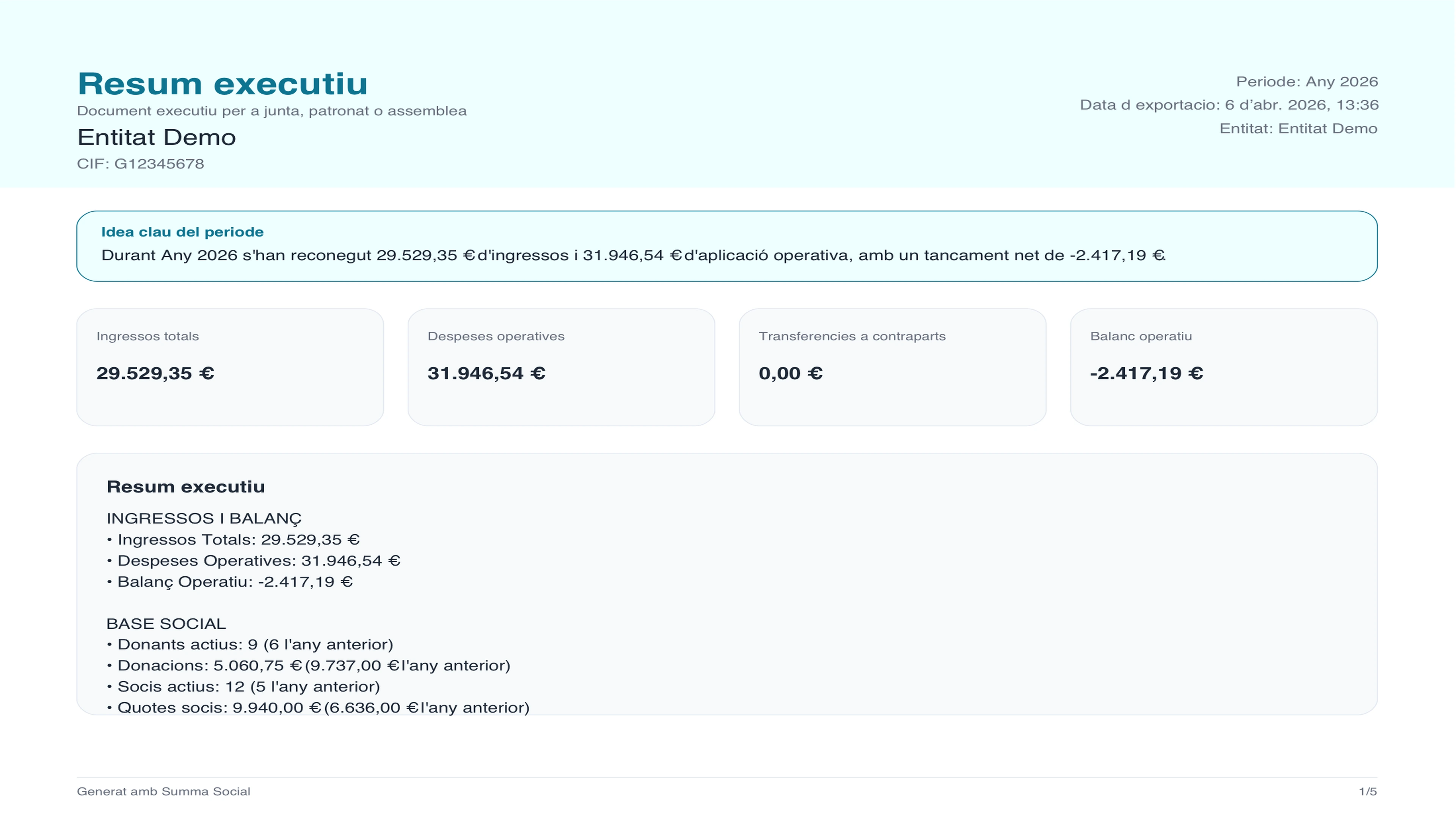 Pantalla de exportación de datos y PDF en Summa Social