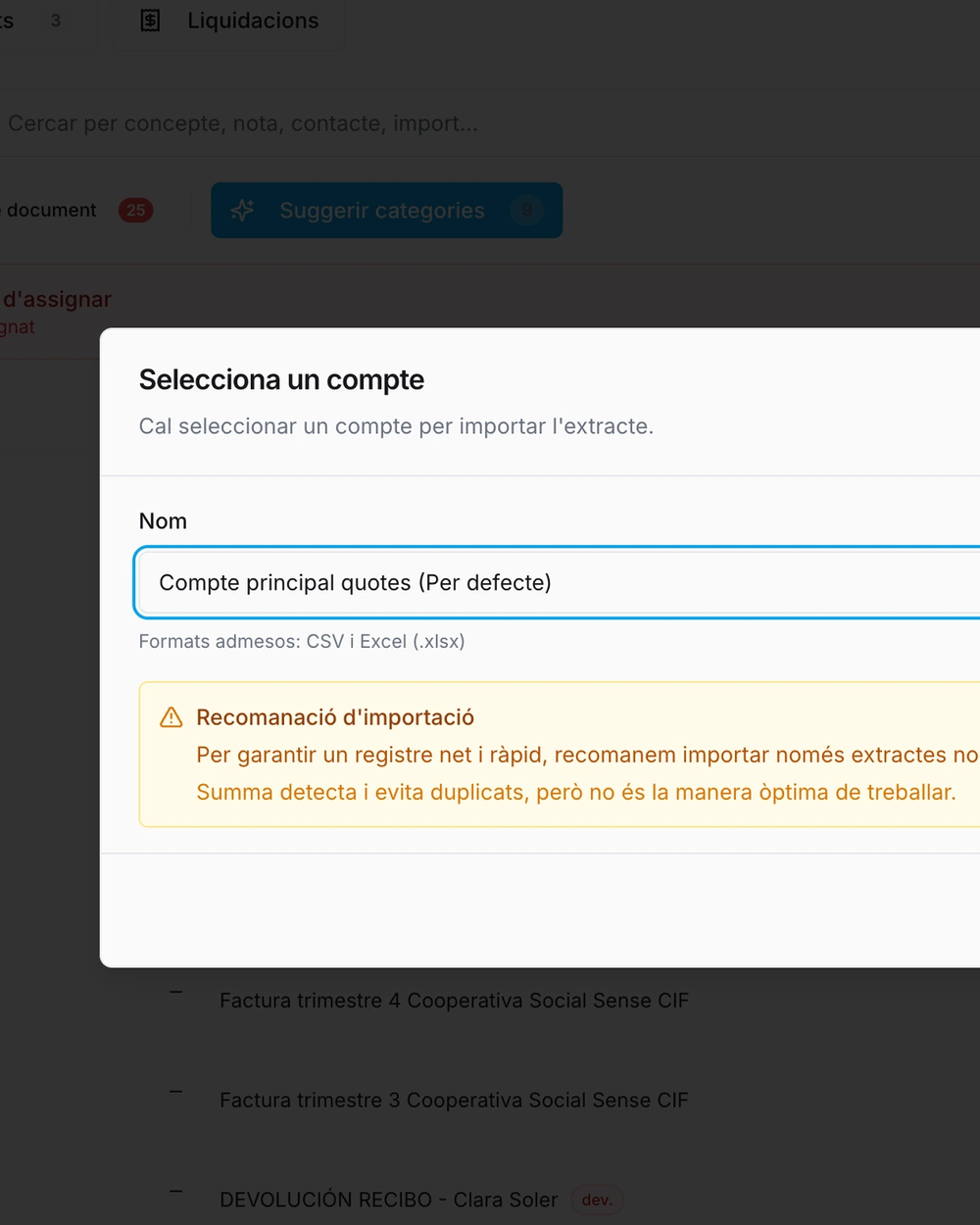 Pantalla de importación de extracto bancario en Summa Social