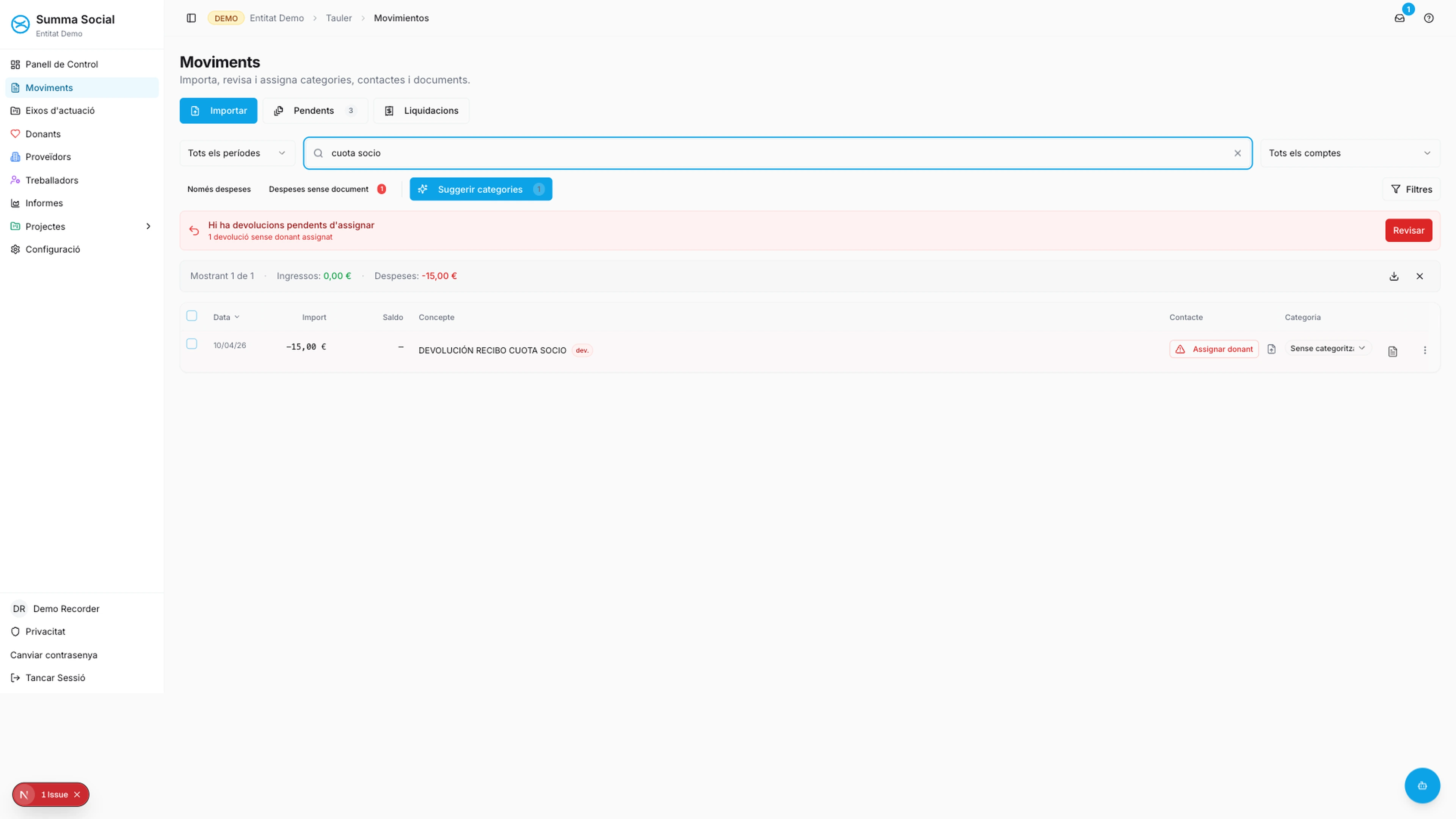 Pantalla de seguimiento de devoluciones de recibos en Summa Social