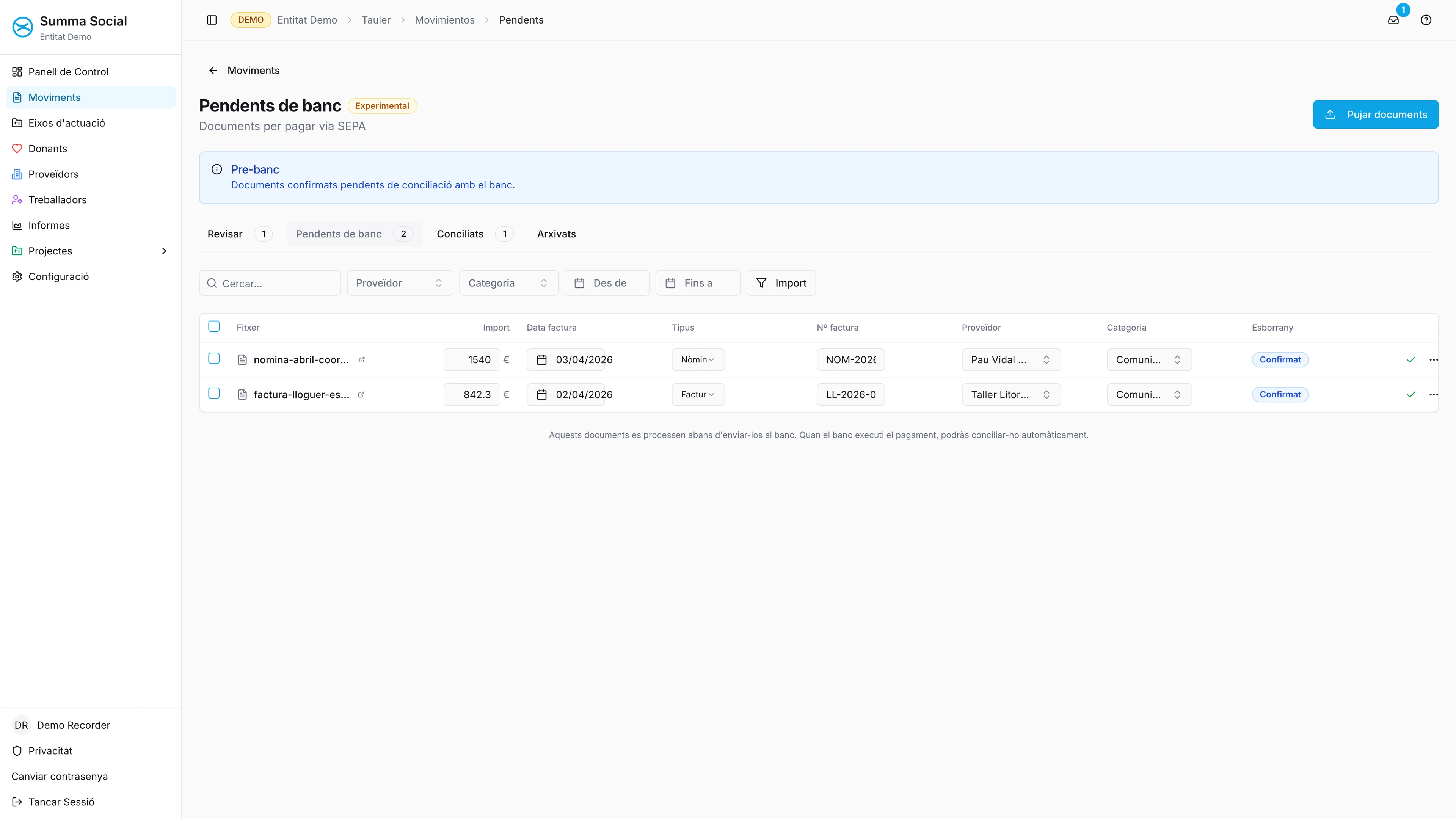 Pantalla de generación de remesas SEPA en Summa Social