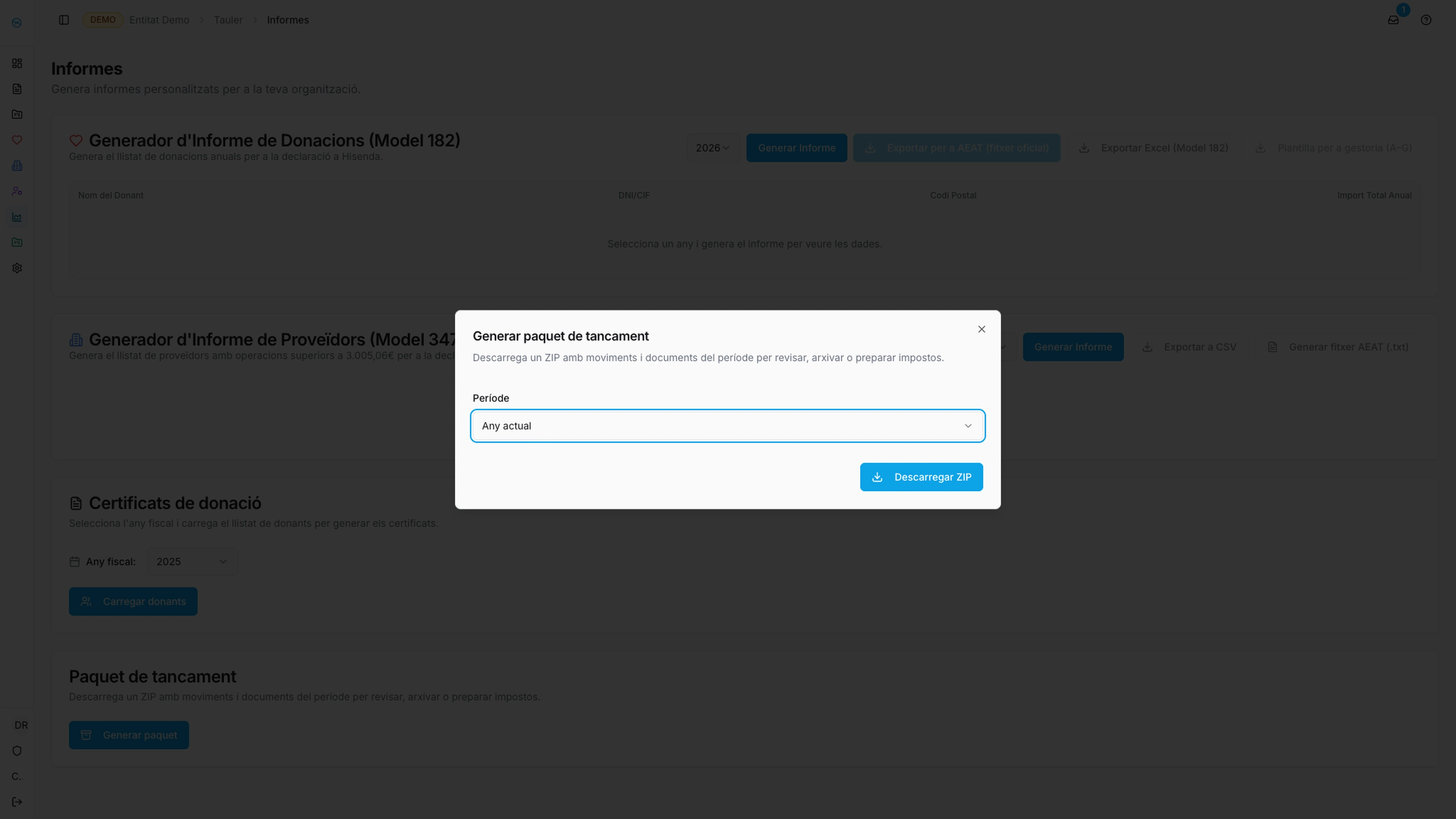 Pantalla d’exportació fiscal a Summa Social