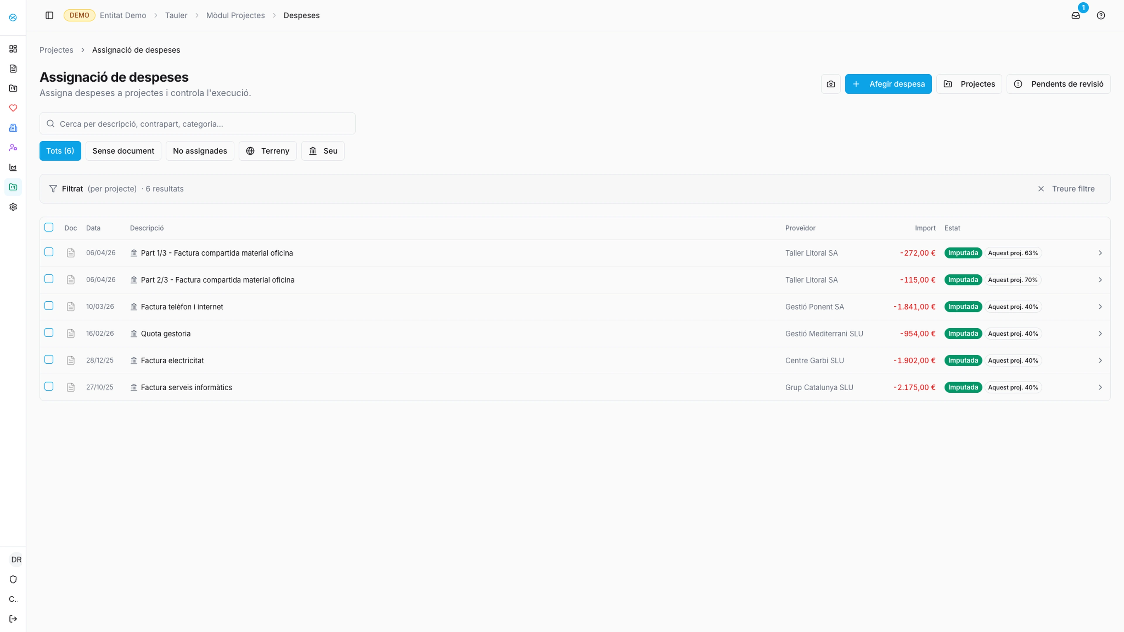 Pantalla d’imputació de despeses a projectes a Summa Social